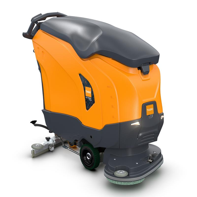 Den TASKI ULTIMAXX 2900 DD55 Performance fra Diversey Deutschland er en industriel gulvvaskemaskine af næste generation med orange-gråt design, hjul, håndtag, 63L tank og 55cm dobbeltskivebørster til effektiv rengøring.