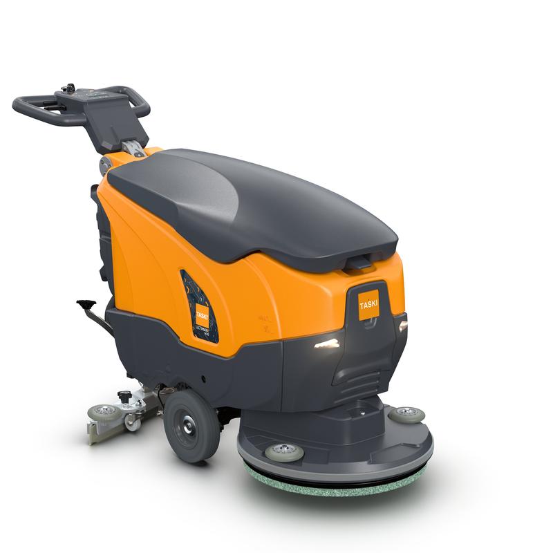 Den TASKI ULTIMAXX 900 SD50 P BMS 13A gel ready fra Diversey Deutschland GmbH & Co. OHG er en orange-grå industrigulvskrubber med styr, hjul, en frontskrubebørste og sidebetjeningsknapper til effektiv rengøring. Pakke: 1 stykke.