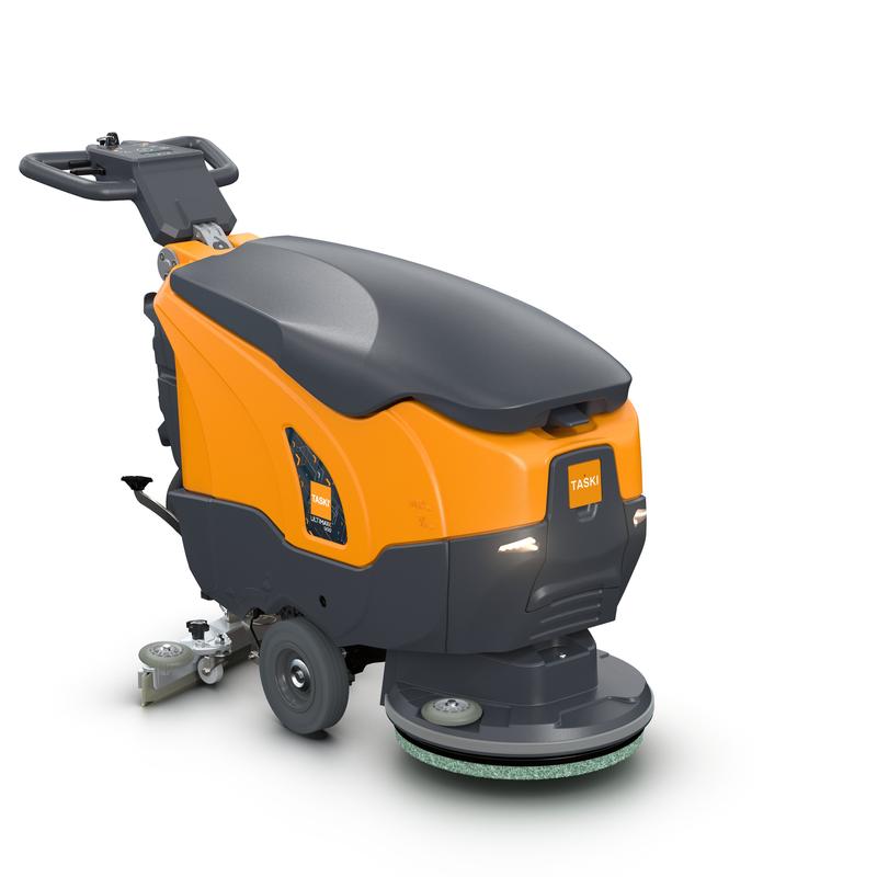 TASKI ULTIMAXX 900 SD43 fra Diversey Deutschland GmbH & Co. OHG er en drivløs gulvvaskemaskine af næste generation med en 20-liters tank og en 43 cm enkelt skive, der er kendetegnet ved et orange-gråt design, et håndtag, et betjeningspanel og hjul for mobilitet.