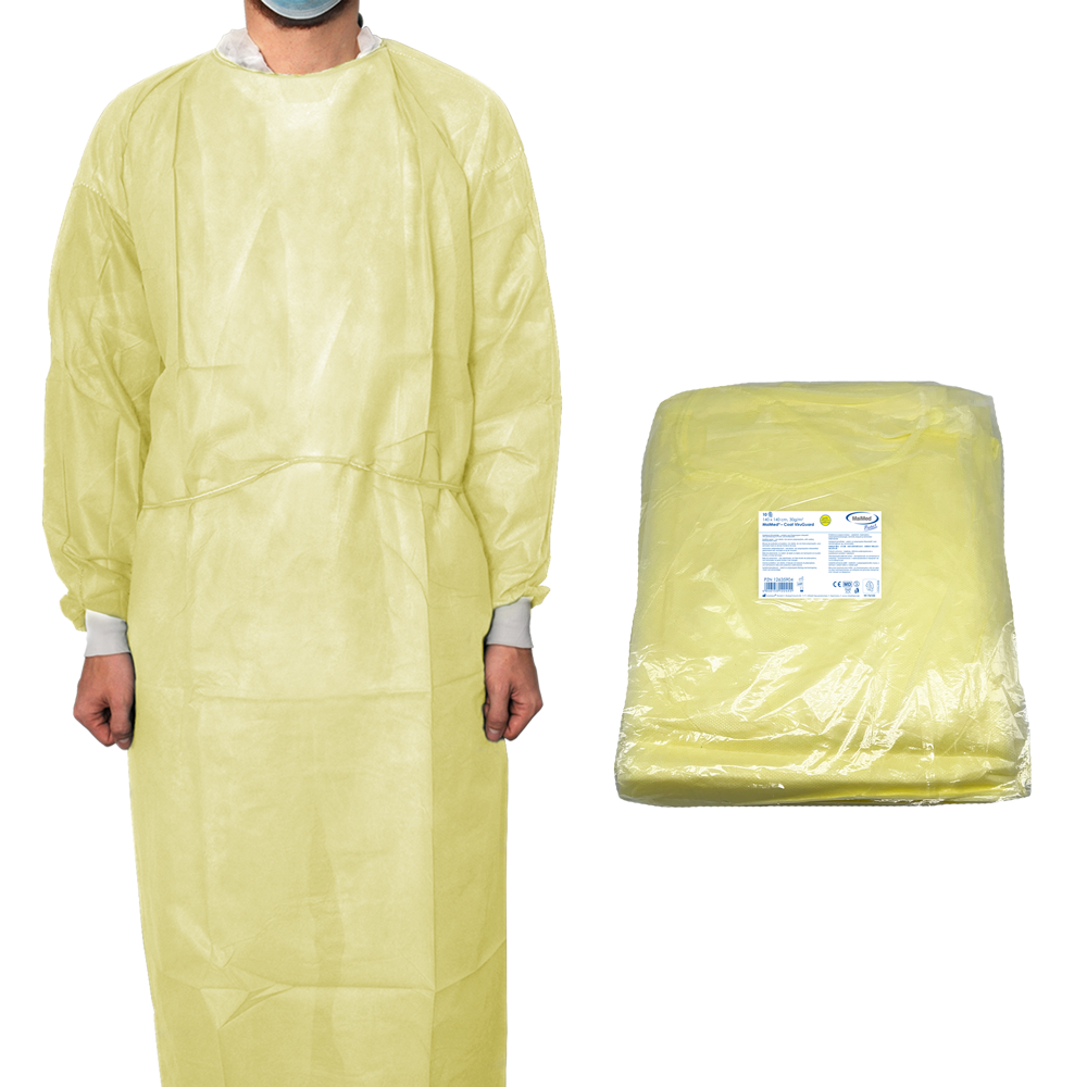 MaiMed-Coat ViruGuard, beskyttelseskjole lavet af fleece, gule BW manchetter, 140x140cm, 10 stk./pak. Serie: Protect | Pakke (10 stk.)