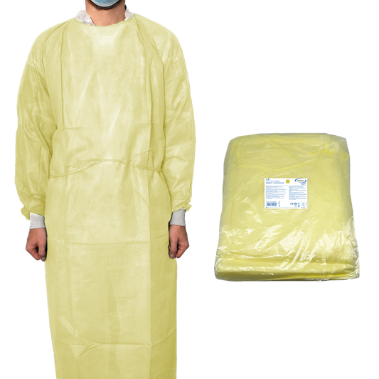 MaiMed-Coat ViruGuard, beskyttelseskjole lavet af fleece, gule BW manchetter, 140x140cm, 10 stk./pak. Serie: Protect | Pakke (10 stk.)
