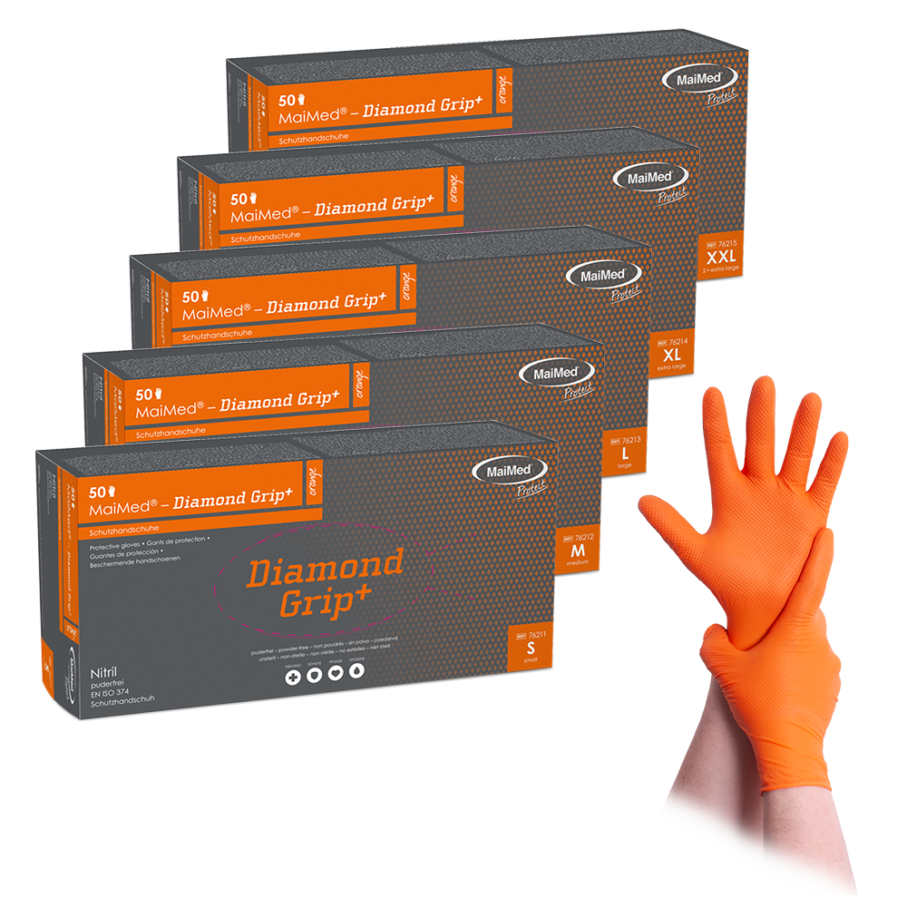 MaiMed-Diamond Grip+ orange, ikke-steril, pf latexfri nitrilhandske