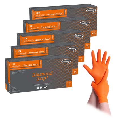 MaiMed-Diamond Grip+ orange, ikke-steril, pf latexfri nitrilhandske