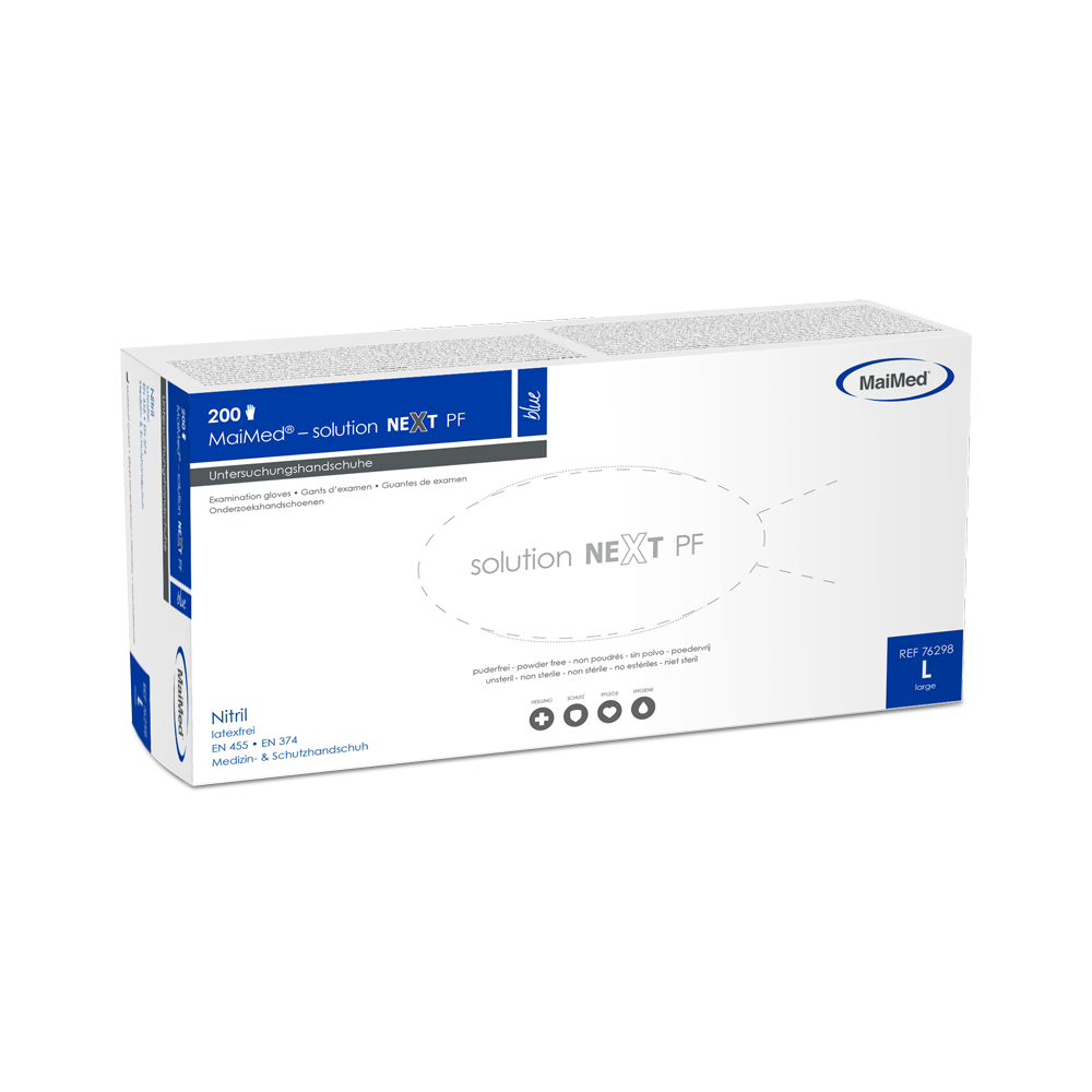 MaiMed-løsning næste blå nitrilhandsker, ikke-sterile, latexfrie, 200 stk./æske