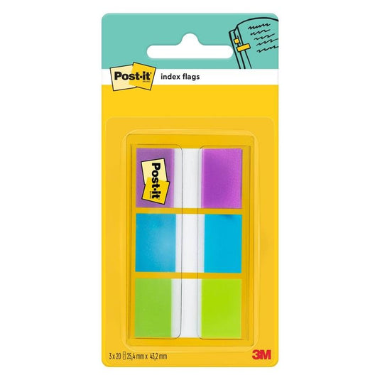 En pakke 3M Post-it® Index klistermærker, standard (25,4 mm x 43,2 mm), 60 klistermærker i forskellige farver i en dispenser. Ideel til at organisere dokumenter; med Post-it®- og 3M Deutschland GmbH-logo på emballagen.