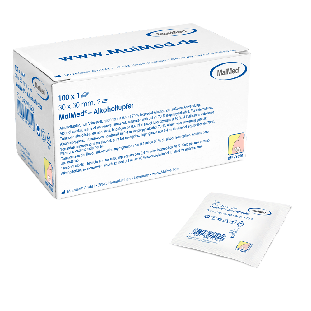 Meditrade alcohol swab 30 x 30 mm white non -woven fabric two -layer | Boks (100 stykker)