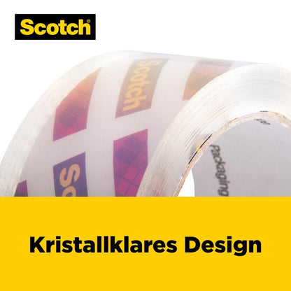 En nærbillede af en rulle Scotch® Box Lock™ emballagetape (48 mm x 20,3 m) fra 3M Deutschland GmbH, hvor logoet kan ses. Under tapen er der et gult banner med teksten "Krystalklart design" i sorte bogstaver.