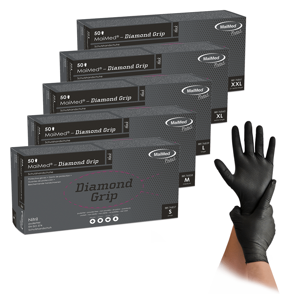 MaiMed-Diamond Grip sort, ikke-steril, pf latexfri nitrilhandske