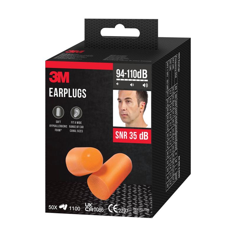 En sort 3M™-æske fra 3M Deutschland GmbH indeholder 50 par orange 1100 bløde skumørepropper (SNR 35 dB), til forskellige ørestørrelser, med et billede af to propper og en mand, der bærer en, som indikation for brug i miljøer med 94-110 dB.