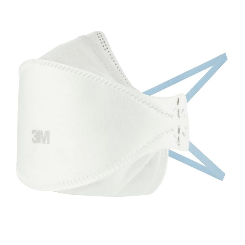 3M™ Aura™ Komfort-partikelmaske 9320+, FFP2, uden ventil (1 styk), fra 3M Deutschland GmbH, er ubrugte med blå ørebånd og en let midterfold afbildet mod hvid baggrund.