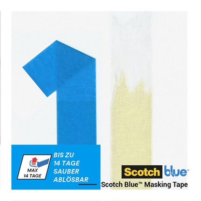 En strimmel blåt malertape danner et "1" ved siden af en ensfarvet tapelængde. Tysk tekst og logoer viser, at det er ScotchBlue™ malertape "Multi-Surface" fra 3M Deutschland GmbH, der kan fjernes op til 14 dage.