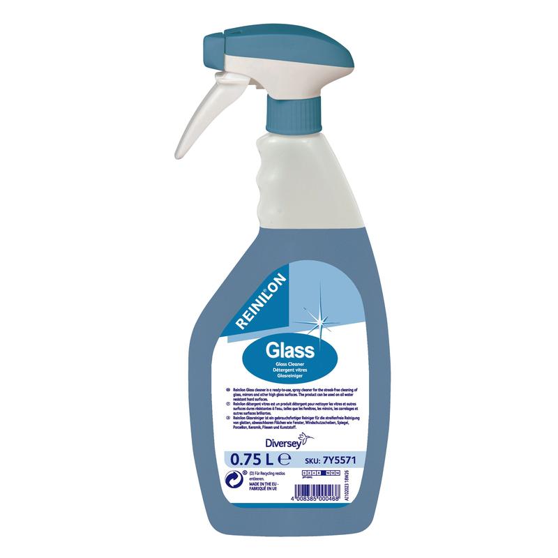 En 750 ml sprayflaske REINILON glasrens fra Diversey Deutschland GmbH & Co. OHG med blå væske, blå-hvid dyse og etiket med produktinformation. Ideel til stribefri glasrensning (glasoverfladerensning).