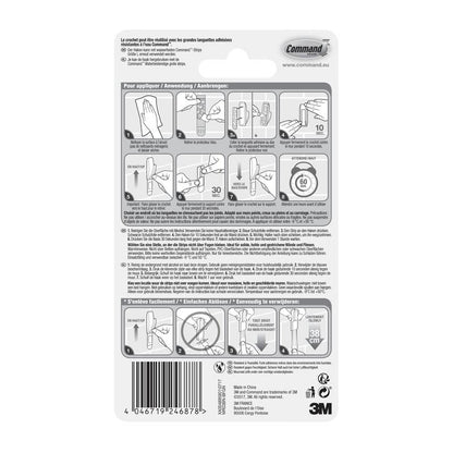 På bagsiden af Command™ Badeværelsesmetalkrog "Modern Reflection" (3M Deutschland GmbH) emballagen finder du en billedlig vejledning til montering/fjernelse af klæbestrimlerne, anvendelsestips, flersprogede produktinformationer, stregkode og producentoplysninger nederst.