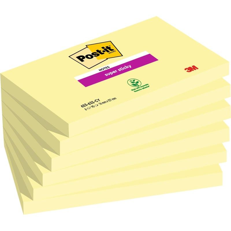 En stak af seks Post-it® Super Sticky Notes (76 mm x 127 mm, 90 ark/blok, 100% PEFC) fra 3M Deutschland GmbH vises i en mærkevareemballage, hvor symbolerne "Super Sticky" og miljøcertificering er synlige.