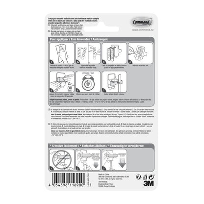 Bagsiden af en Command™ kostholder, 17007-FR-emballage fra 3M Deutschland GmbH viser en illustreret, flersproget vejledning til montering og fjernelse af holderen med Command klæbestrimler. Diagrammer guider trin for trin gennem montering og demontering.