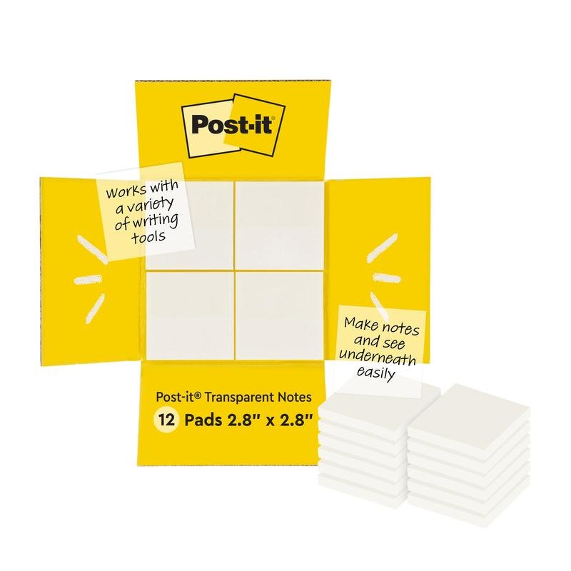 En åben gul æske med teksten "Post-it® Transparent Notes" fra 3M Deutschland GmbH viser gennemsigtige noter indeni. Teksten fremhæver: "Fungerer med en række forskellige skriveredskaber" og "Tag noter og se let nedenunder." 12 blokke, 73 mm x 73 mm, 36 ark/blok.