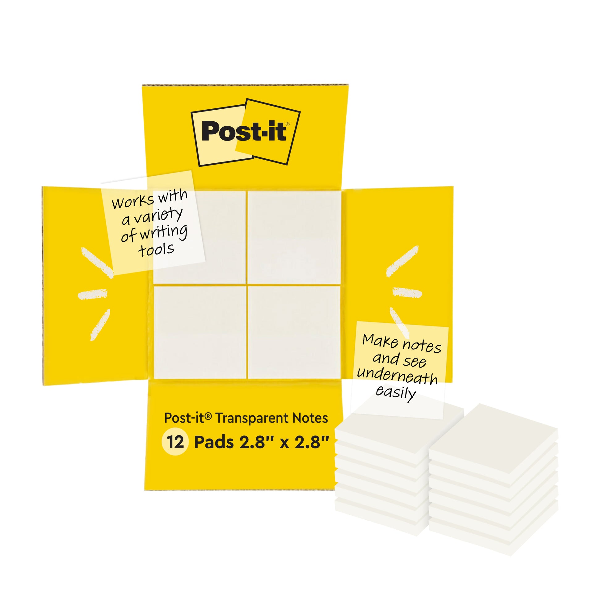 Eine geöffnete gelbe Schachtel mit 3M Post-it® Transparent Notes (73 mm x 73 mm, 36 Blatt/Pad, 12 Blöcke/Packung) enthält sechs Blöcke. Die Haftnotizen heben die Kompatibilität mit verschiedenen Stiften hervor und ermöglichen es Ihnen zu sehen, was sich darunter befindet.