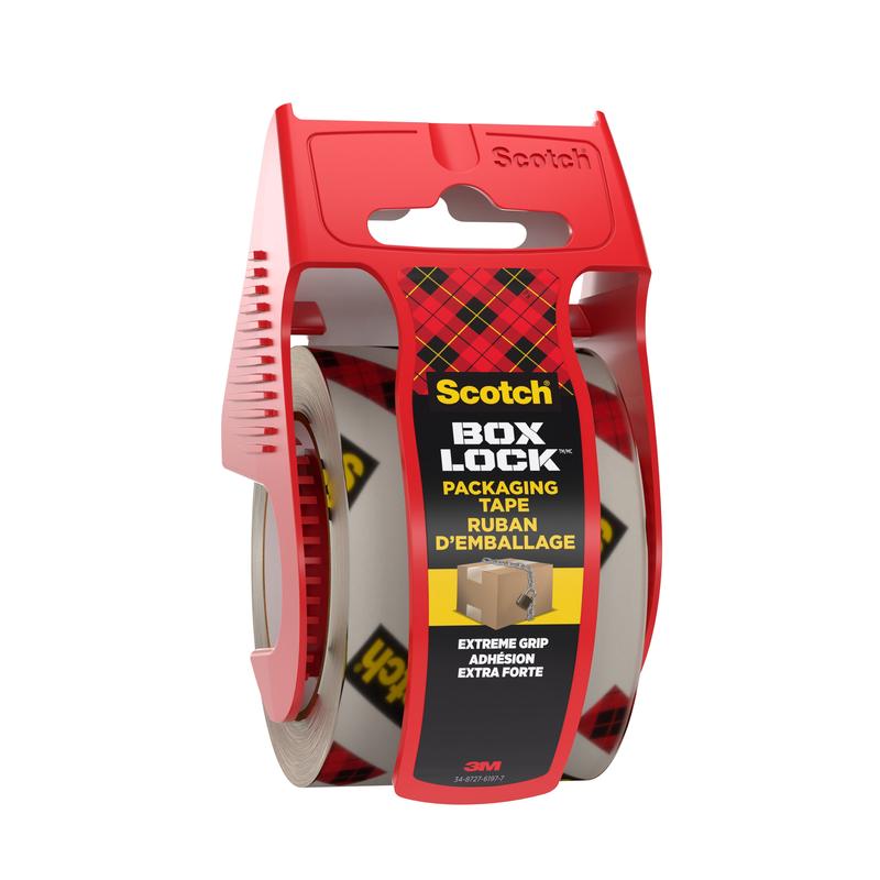 Scotch® Box Lock™ emballagetape (48 mm x 20,3 m) fra 3M Deutschland GmbH leveres i en rød plastdispenser med integreret skærer og håndtag og er udstyret med en sort-gul "Extreme Grip"-etiket for sikker emballering.