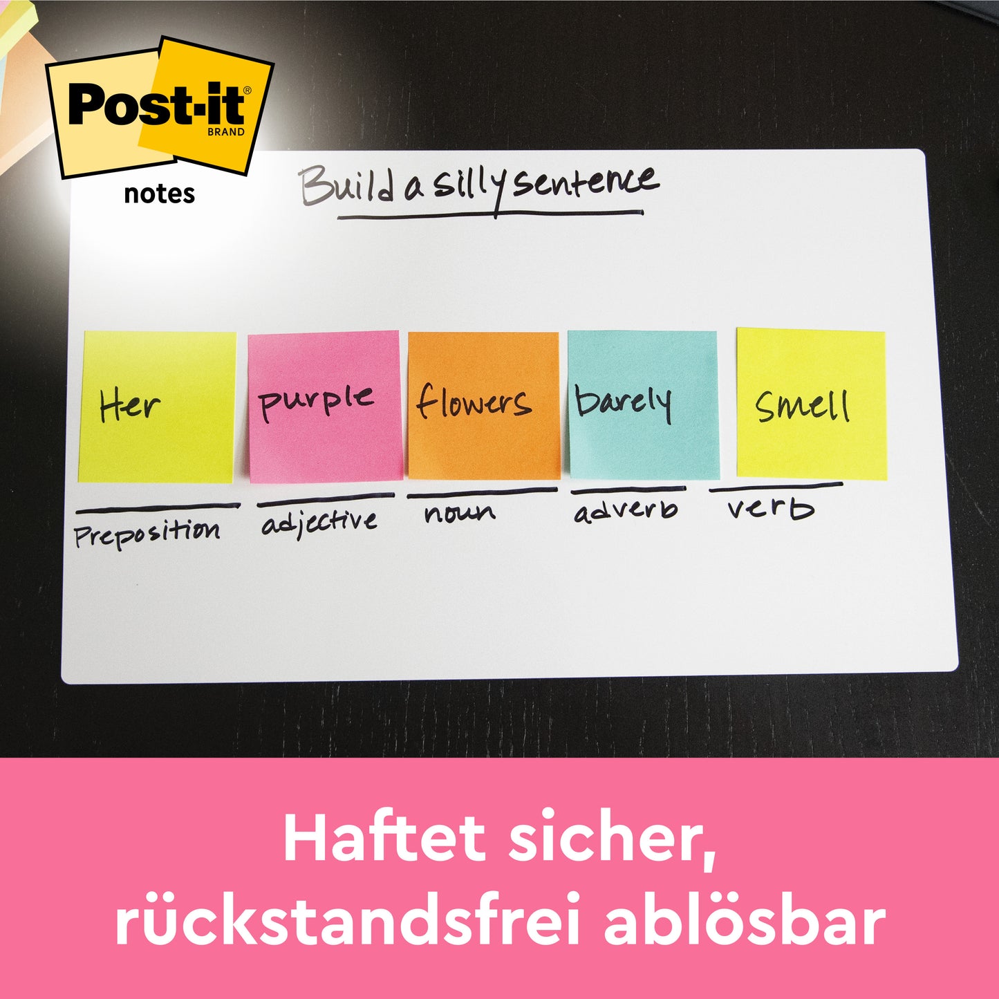 På et whiteboard ses fem farverige Post-it® klisternoter (76 mm x 127 mm, 100 ark/blok, 100% PEFC) fra 3M Deutschland GmbH, hver med en sprogdelsbetegnelse; den tyske tekst fremhæver den sikre, restfri klæbning.