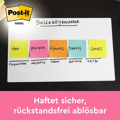 Et whiteboard viser fem neonfarvede Post-it® Z-Notes (76x76mm, 100 ark, 6 blokke, 100% PEFC) fra 3M Deutschland GmbH, mærket med ord og grammatiske roller; Post-it-logoet vises øverst til venstre og den tyske tekst nederst på rosa.