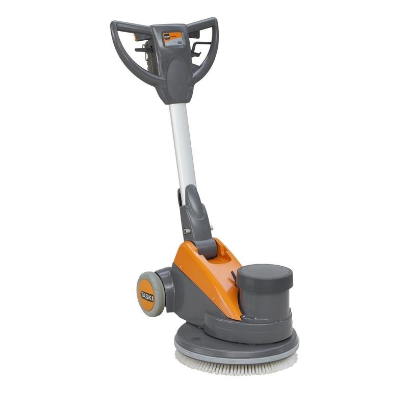 Den TASKI ergodisc 200 fra Diversey Deutschland GmbH & Co. OHG, en omkostningseffektiv skuremaskine med lav hastighed (200 o/min) til alle standard rengøringsopgaver, er afbildet i farverne grå og orange med betjeningselementer og hjul på hvid baggrund.
