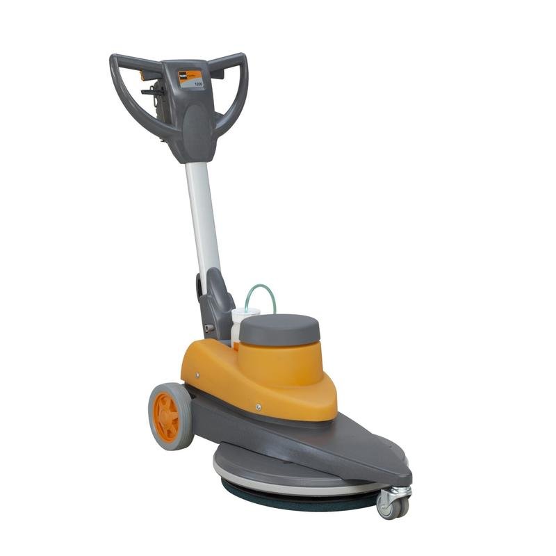 TASKI ergodisc 1200 fra Diversey Deutschland GmbH & Co. OHG er en ultrahurtig enkeltplademaskine (1.200 o/min) til spraypolering og polering med grå/orange kabinet, baghjul, cirkulær pad og håndtag med elektrisk sprøjteanordning.