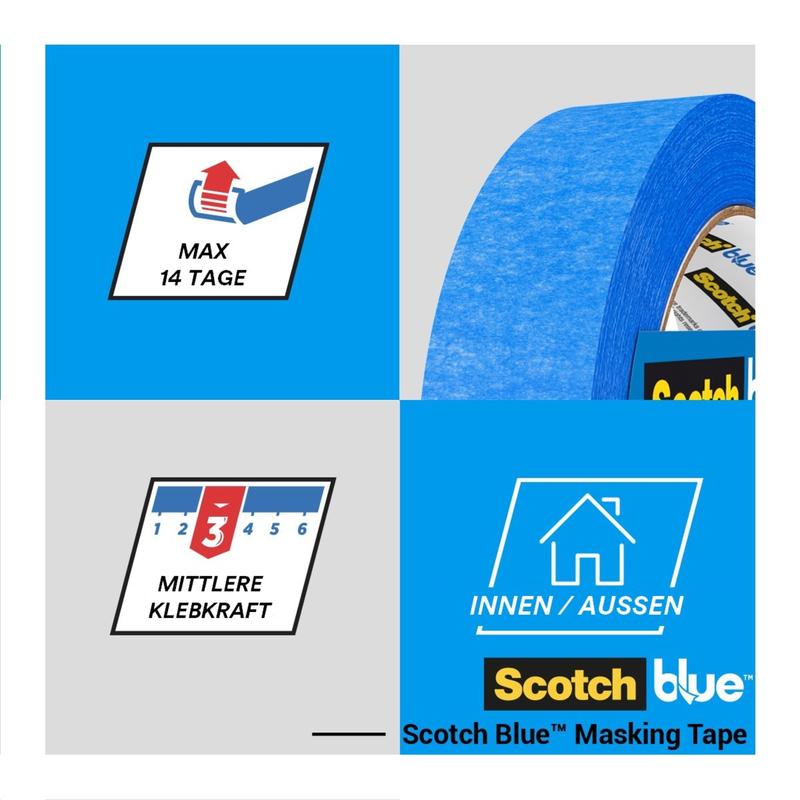 Afbildet er en rulle 3M Deutschland GmbH ScotchBlue™ malertape "Multi-Surface" med symboler for en brugstid på op til 14 dage, medium klæbestyrke og egnethed til indendørs og udendørs anvendelser.