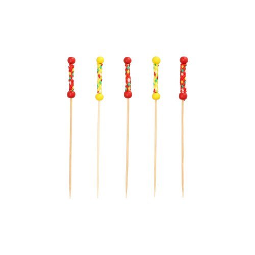 Fem PAPSTAR 250 fingerfood-pinde fra PAPSTAR GmbH lavet af træ, biologisk nedbrydelige, med farverige perler og dekorationer i rød, gul og flerfarvede accenter, arrangeret lodret foran en hvid baggrund.
