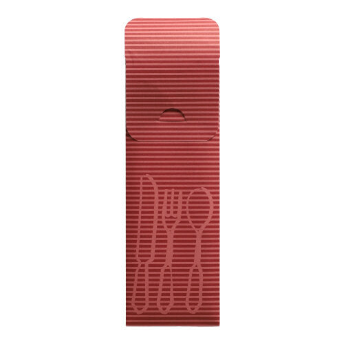 De PAPSTAR 100 bestiklomme (23,5 x 7,3 cm) fra PAPSTAR GmbH er røde, længderibbet bestiklomme af papir med præget gaffel, kniv og ske, en dæksellap og en farvet bistroserviet – ideel til gastronomibrug.