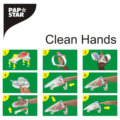 En visuel vejledning med PAPSTAR Clean Hands Base Kit, rustfrit stål (11,5x12,7x22 cm), fra PAPSTAR GmbH viser i ni nummererede paneler med indsætnings- og sikringstrin på en grøn baggrund, hvordan man tager en plastikhandske på for hygiejne.