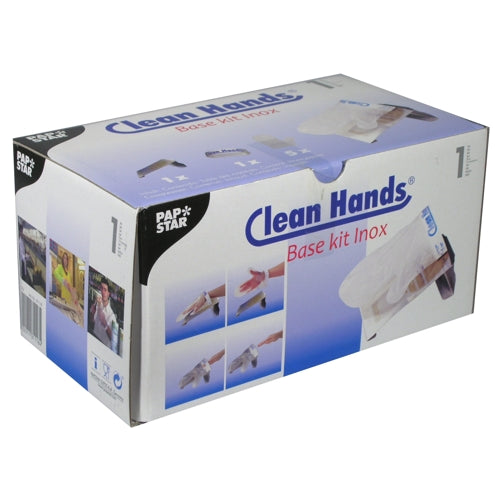 PAPSTAR Clean Hands Base Kit, rustfrit stål (11,5x12,7x22 cm, sølv) fra PAPSTAR GmbH kommer i en hvid foldekasse med blå og violette accenter og viser illustrationer af håndbeskyttelse til hygiejnisk brug.