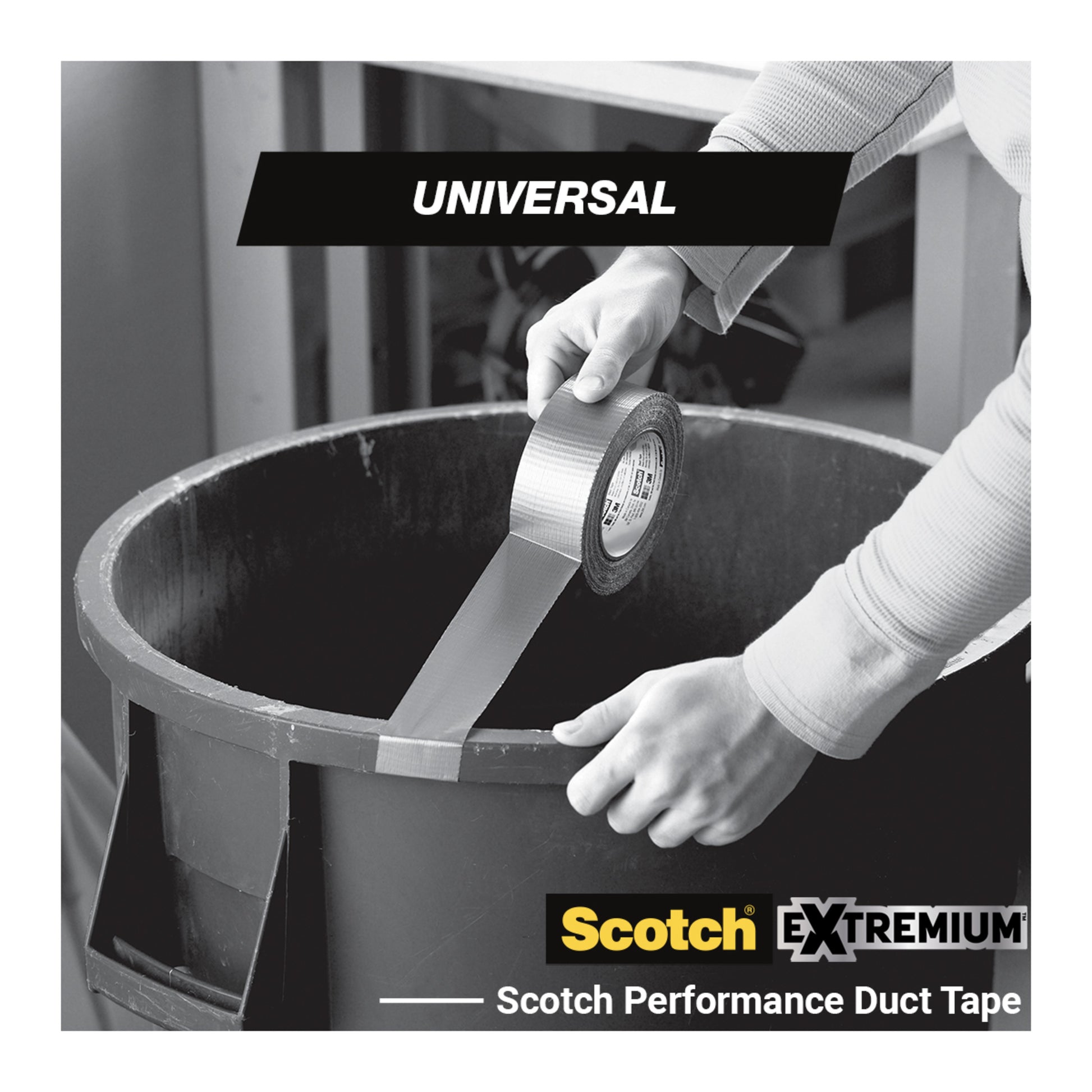 Eine Person klebt Scotch® Universal Klebeband 2904 (50 m x 48 mm) von 3M Deutschland GmbH auf den Rand eines großen runden Kunststoffbehälters. Das Bild zeigt das "3M"-Logo und das Produkt-Branding.