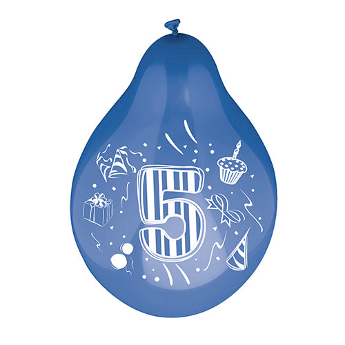 Ein PAPSTAR 6 Zahlenluftballons Ø 25 cm farbig sortiert Ballon von der PAPSTAR GmbH zeigt eine große gestreifte Zahl 5, umgeben von Zeichnungen einer Geschenkbox, einer Partymütze, eines Cupcakes mit Kerze, Konfetti und kleinen Formen.