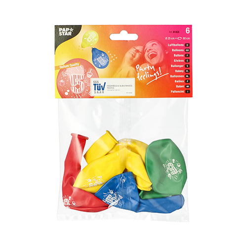 Eine transparente Verpackung enthält sechs Zahlenluftballons (Ø 25 cm) der PAPSTAR GmbH, farbig sortiert in Rot, Gelb, Grün und Blau. Die Verpackung ist mit festlichen Grafiken, Text, dem Markennamen PAPSTAR und einer TÜV-Saar-Zertifizierung versehen.