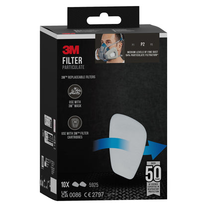 Der 3M™ Partikelfilter 5925, P2 (10 Paar/Packung) von 3M Deutschland GmbH bietet 94% Staubschutz, verfügt über Kompatibilitätshinweise und ein Filterbild mit maskiertem Anwender, das 50 Jahre bewährten Atemschutz zeigt.