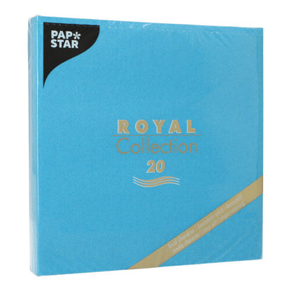 En blå kvadratisk pakke fra PAPSTAR GmbH med teksten "20 servietter ROYAL Collection 1/4-fals 40x40 cm" indeholder 20 servietter, ideelle til borddekoration, indpakket i klar plastik.