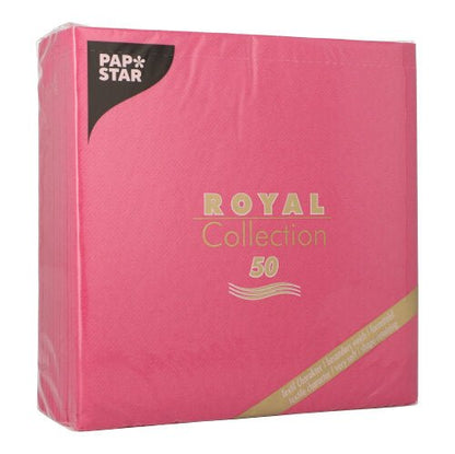 En fuchsiafarvet pakke PAPSTAR 50 servietter "ROYAL Collection" 1/4-fold (40 x 40 cm) fra PAPSTAR GmbH, indpakket i plastik for friskhed.