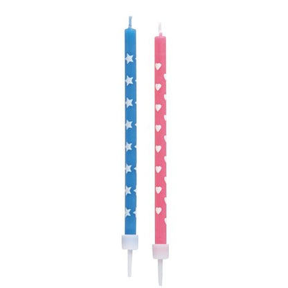 To PAPSTAR GmbH fødselsdagslys (10 cm, farverigt sorteret med holder, 12 stykker) står oprejst på en hvid baggrund - farverige fødselsdagslys med holder, ideelle til enhver fest.