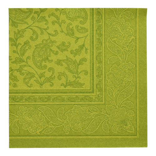 Grøn kvadratisk serviet fra PAPSTAR 20 servietter "ROYAL Collection" (40 x 40 cm, 1/4-fold) fra PAPSTAR GmbH med elegant paisley- og bladbort - ideel til den stilfulde borddekoration.