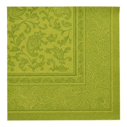 Grøn kvadratisk serviet fra PAPSTAR 20 servietter "ROYAL Collection" (40 x 40 cm, 1/4-fold) fra PAPSTAR GmbH med elegant paisley- og bladbort - ideel til den stilfulde borddekoration.
