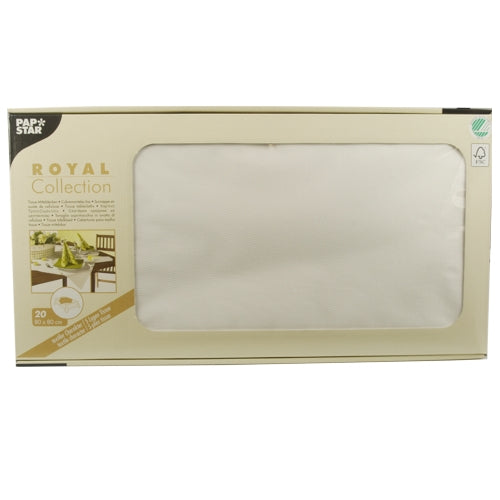 En beige boks af PAPSTAR GmbH med påskriften "ROYAL Collection" indeholder 20 hvide tissue-duge (80 x 80 cm), der delvist er synlige gennem et frontvindue på emballagen.