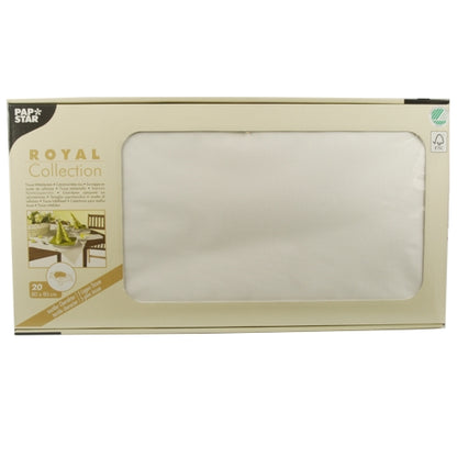 En beige boks af PAPSTAR GmbH med påskriften "ROYAL Collection" indeholder 20 hvide tissue-duge (80 x 80 cm), der delvist er synlige gennem et frontvindue på emballagen.