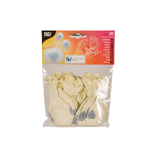 Klar plastpakke med 20 PAPSTAR balloner "Bayrisch Blau" (25 cm, hvid latex med blåt hjertemønster) fra PAPSTAR GmbH; rød-hvid topetiket. Ideel til oktoberfestdekoration og andre fester.