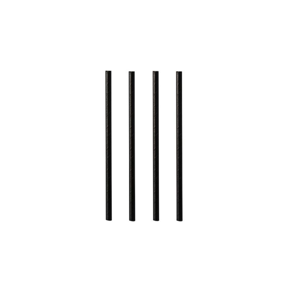 De sorte cocktail-papirsugerør fra PAPSTAR GmbH med 7 mm diameter og 15 cm længde er jævnt fordelt på en enkel hvid baggrund og minder om FSC®-certificerede materialer.