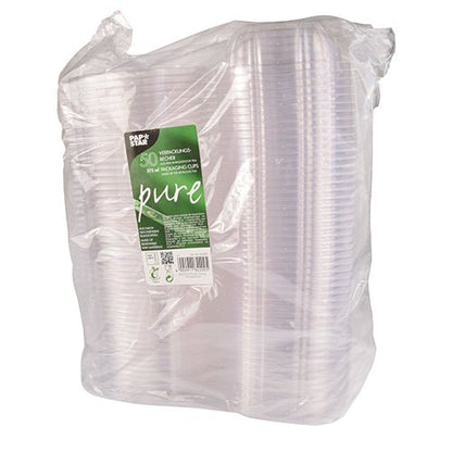 En forseglet pakke med 50 PAPSTAR delikatesse- og salatskåle med klaplåg, "pure" krystalklar, fremstillet af PAPSTAR GmbH, har biologisk nedbrydelige og komposterbare PLA-egenskaber til miljøvenlig brug.