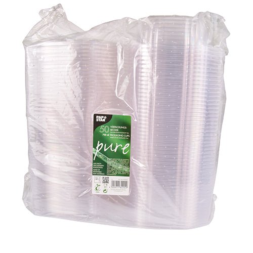 I en gennemsigtig plastikpose er der 50 PAPSTAR "pure" PLA delikatesse- og salatskåle med klaplåg. Den grøn-hvide etiket viser produktdetaljer, genbrugssymboler og fremhæver skålenes miljøvenlighed.