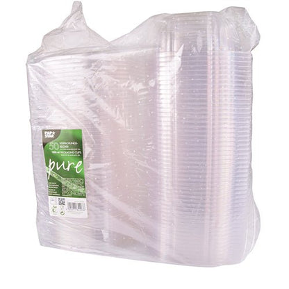 En pakke indpakket i gennemsigtig plastikfolie med 50 PAPSTAR "pure" krystalklare PLA delikatesse- og salatskåle med klaplåg, med en grøn-hvid etiket på forsiden med varemærket og genbrugsinformationer fra PAPSTAR GmbH.