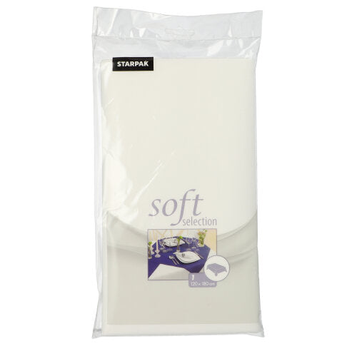 I en gennemsigtig plastikemballage er der en foldet hvid Starpak-dug, stoflignende fleece "Soft Selection", størrelse 120 cm x 180 cm, med et billede af et dækket spisebord på forsiden.