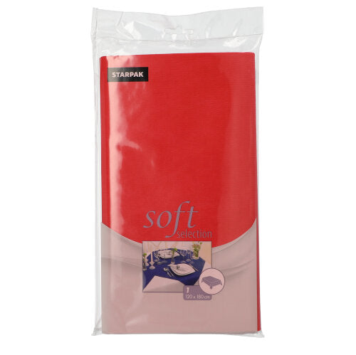 En Starpak-dug, stoflignende fleece "Soft Selection" (120 x 180 cm), er pakket i gennemsigtig folie og viser på forsiden den foldede dug og et lille billede af et dækket spisebord.