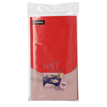En Starpak-dug, stoflignende fleece "Soft Selection" (120 x 180 cm), er pakket i gennemsigtig folie og viser på forsiden den foldede dug og et lille billede af et dækket spisebord.